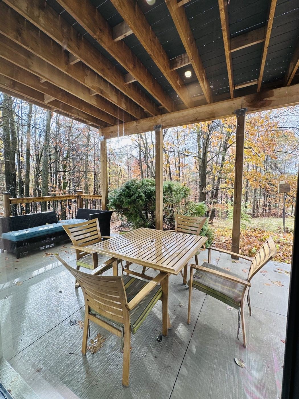 Covered patio with dining table looking out to the woods
