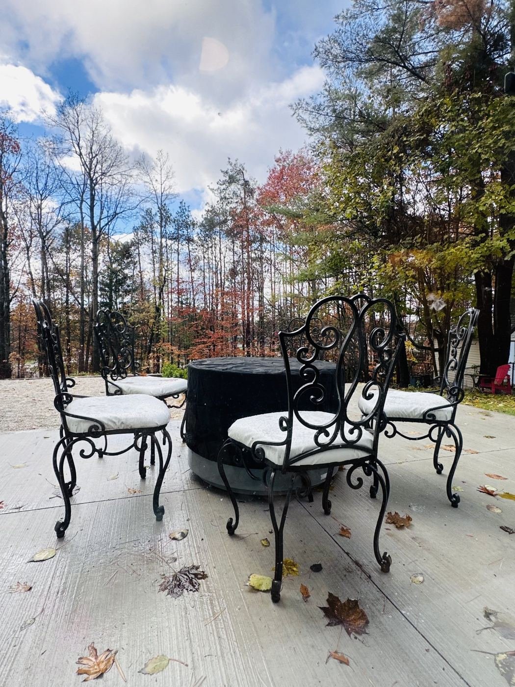 Wrought-iron patio set facing the trees