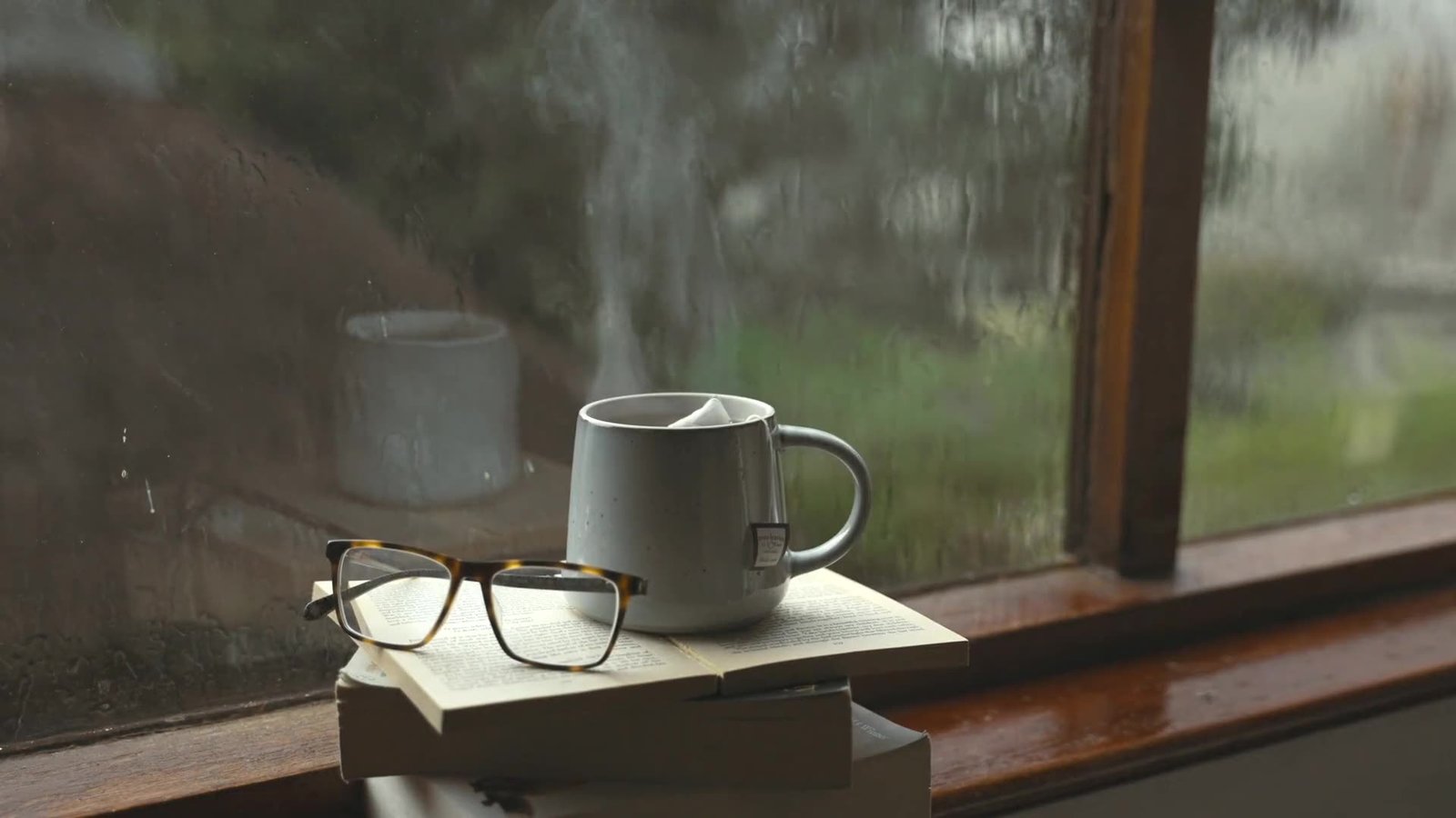 A cup of tea steaming by a rain-streaked window looking out on the garden